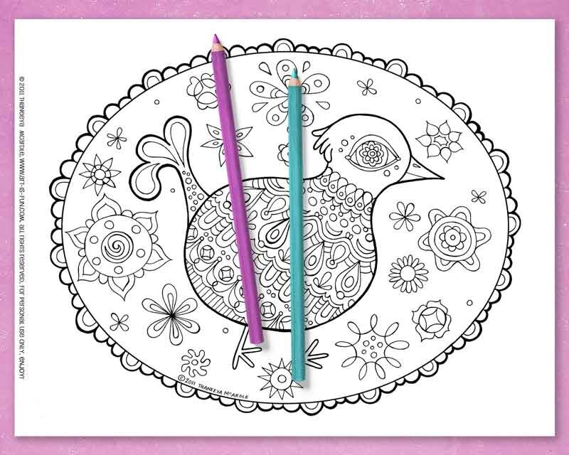 Folk art birds coloring pages
