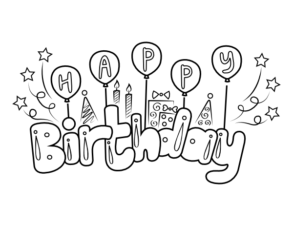 Printable happy birthday with balloons coloring page
