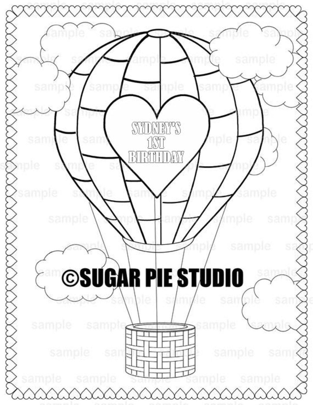 Personalized hot air balloon coloring page birthday party favor colouring activity sheet personalized printable template