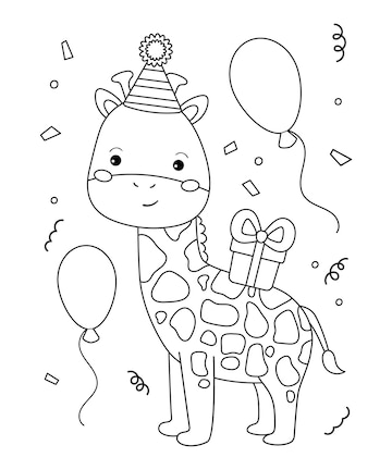Premium vector happy birthday coloring page for children funny cartoon giraffe with gift and balloons