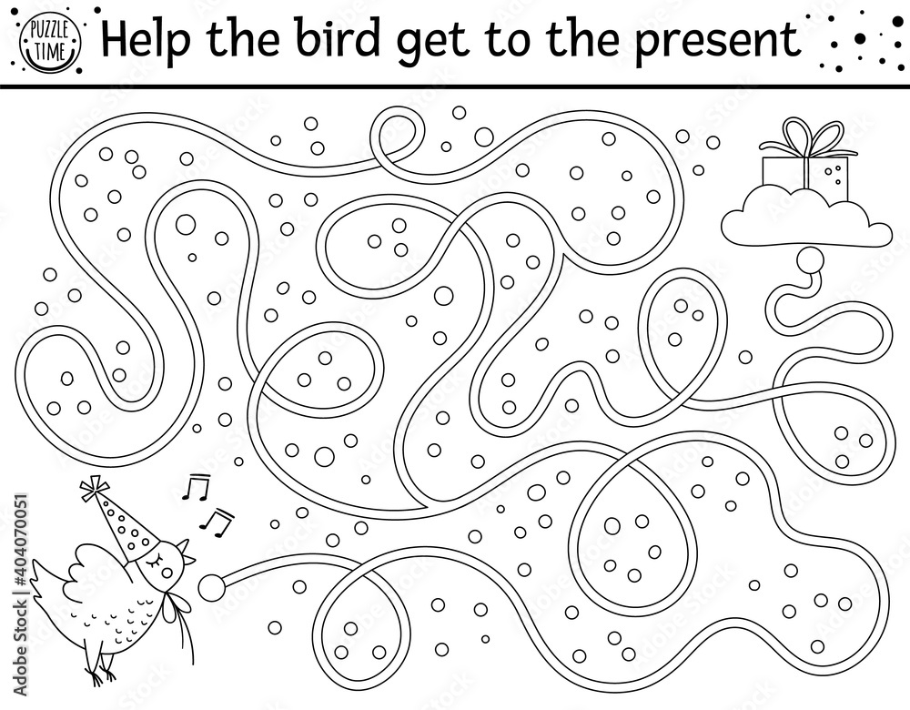 Birthday black and white maze for children holiday outline preschool printable educational activity funny line b