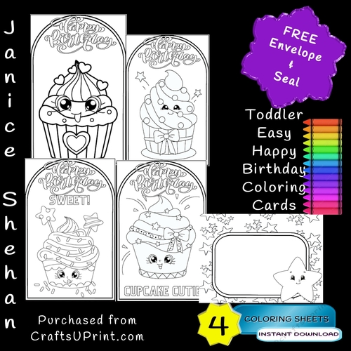 Happy birthday cupcake cup cakes toddler easy coloring colouring cards with envelopes diy printable children greeting cards