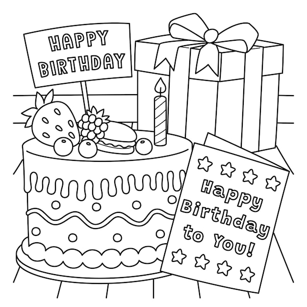 Premium vector a cute and funny coloring page of a birthday cake card and present provides hours of coloring fun for children color this page is very easy suitable for little