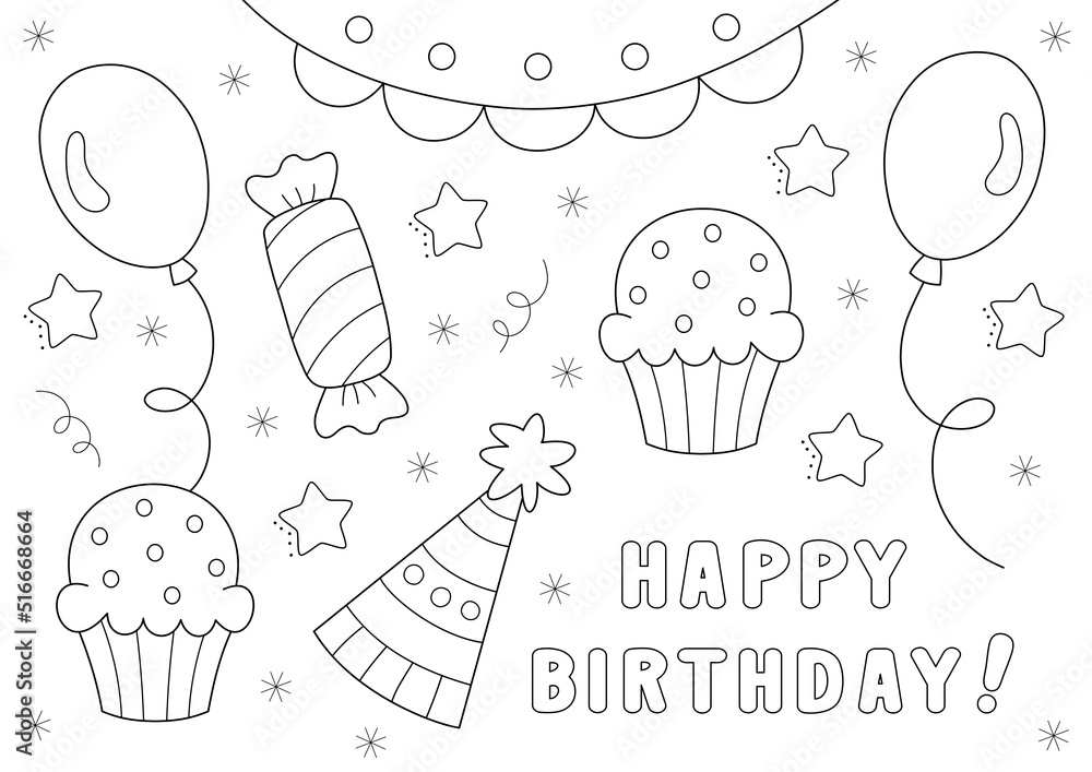 Black and white design of a birthday coloring page with balloons candies cupcakes and more fun shapes to color you can print it on standard a paper illustration