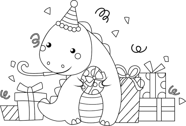 Premium vector a vector of a dinosaur themed birthday celebration in black and white coloring
