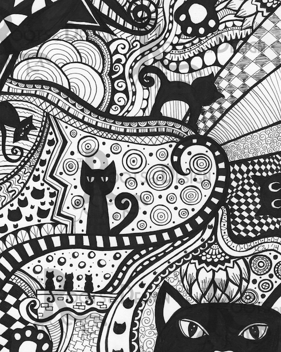 Instant download coloring page cat art print zentangle inspired doodle art printable black cats download now