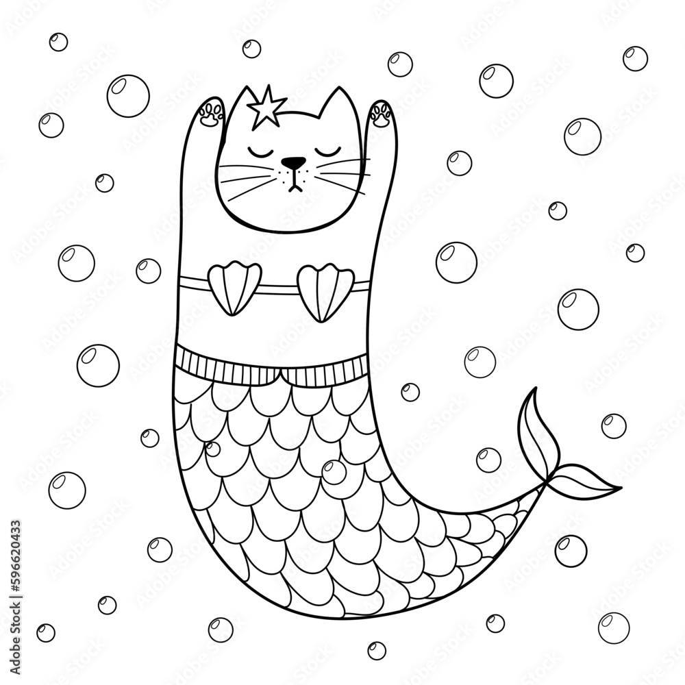 Cute cat mermaid coloring page black and white print with a cute feline character underwater line art print for coloring books cards postcards stickers etc vector illustration vector