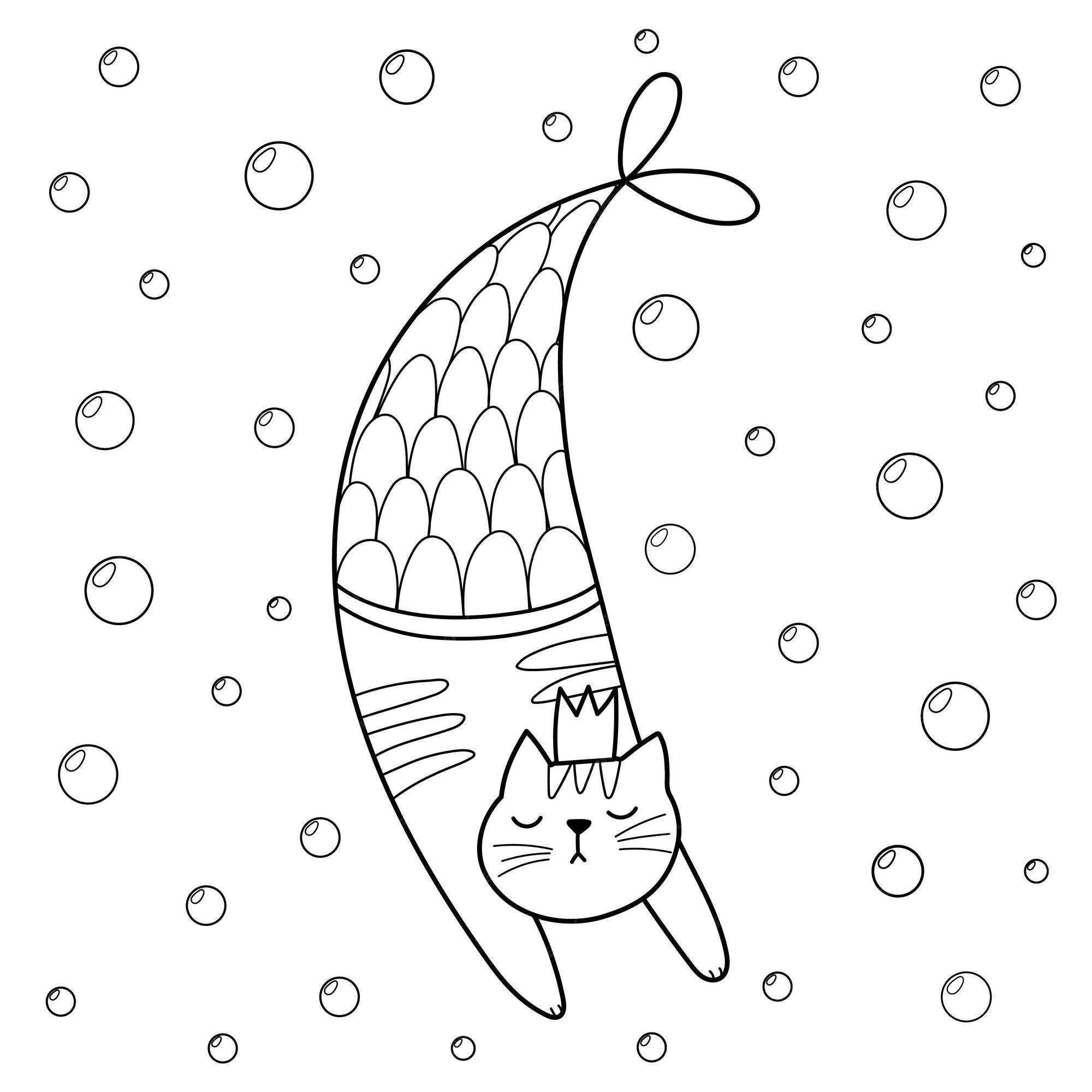 Premium vector cute little mermaid cat coloring page feline character print in cartoon style line art print