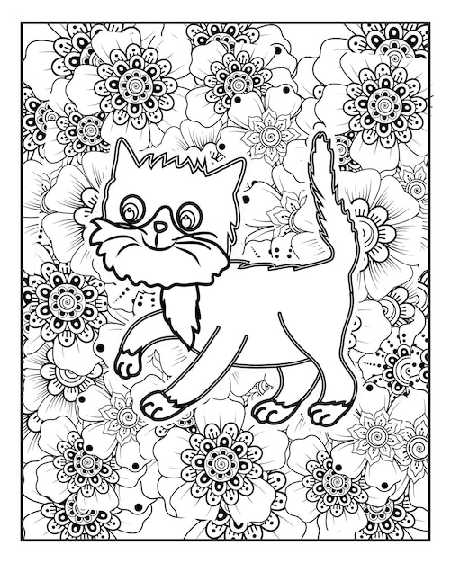 Premium vector antistress coloring page with cat and flower pattern