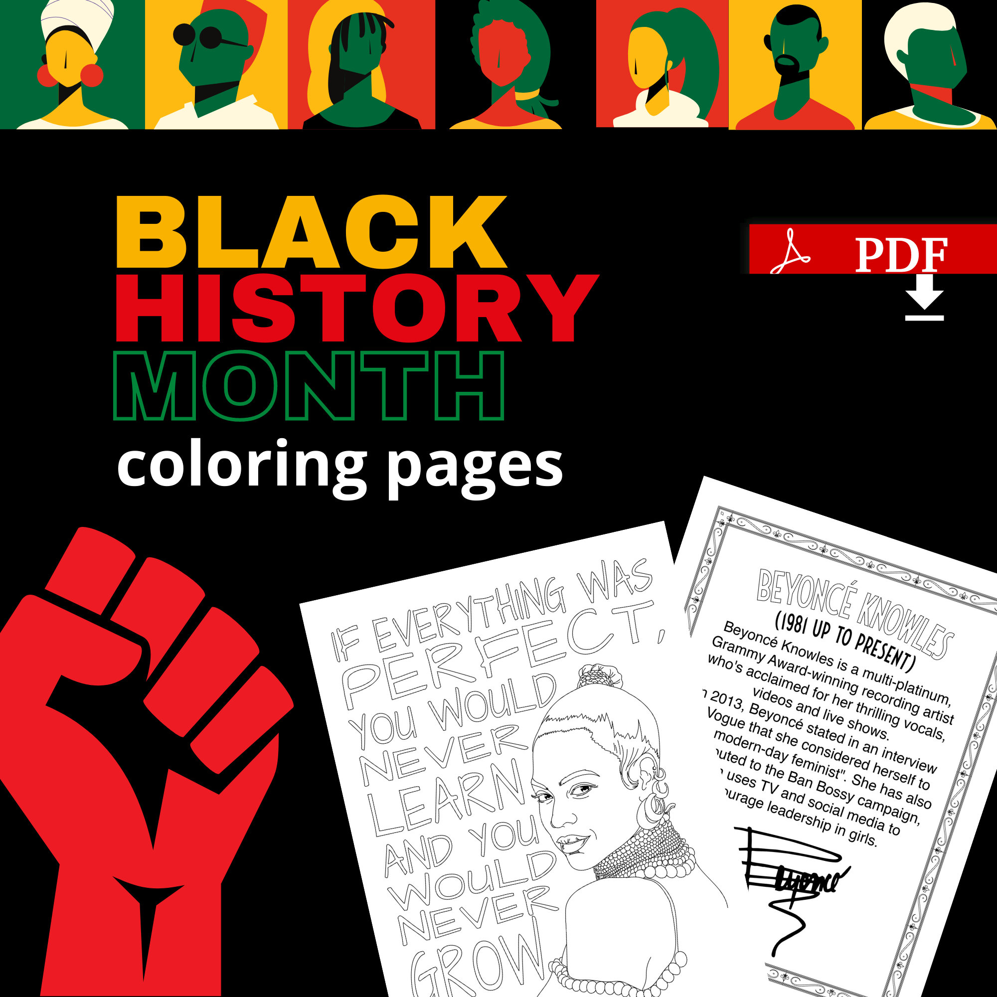 Best value black history month coloring pages digital download beyoncã knowles historical black african american hero with fun facts
