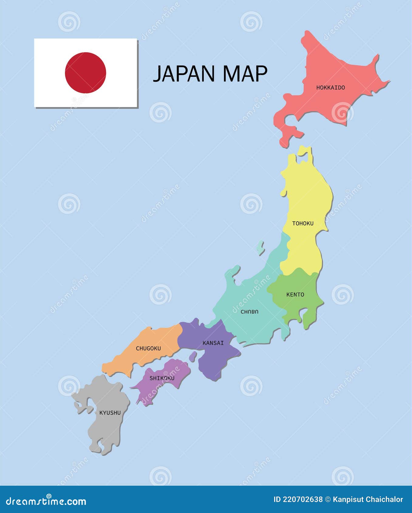 Japan map color map of the provinces of japan japan administrative map regions and prefectures stock vector