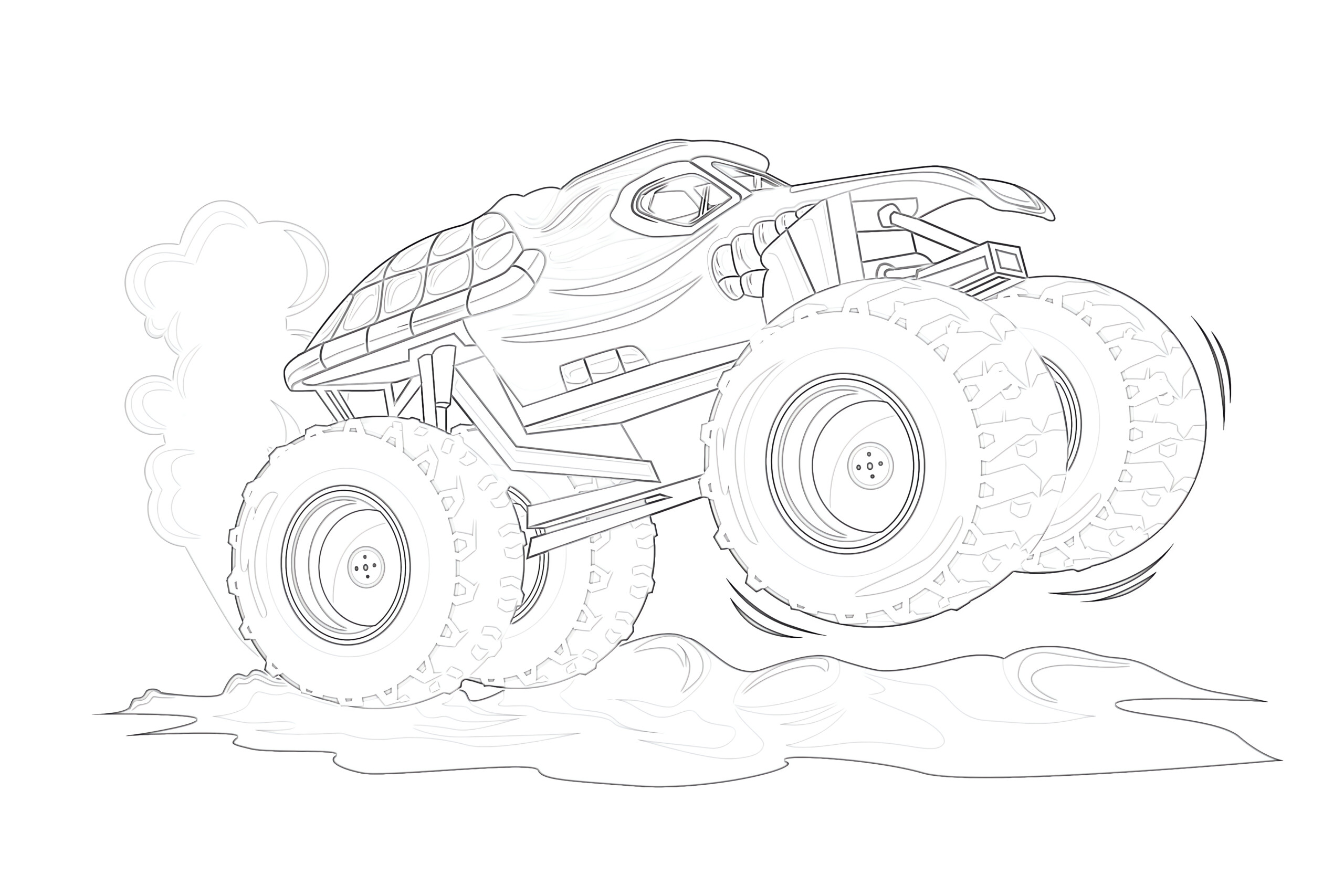Printable red monster truck jumping car coloring page