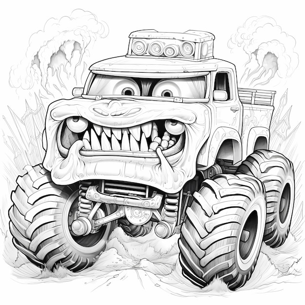 Premium ai image coloring pages for child monster trucks playing together and have eyes and mouth