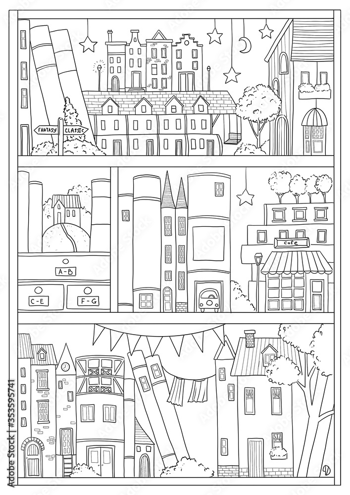 Magical bookshelf or bookcase with houses trees books and flags coloring page hand drawn illustration illustration