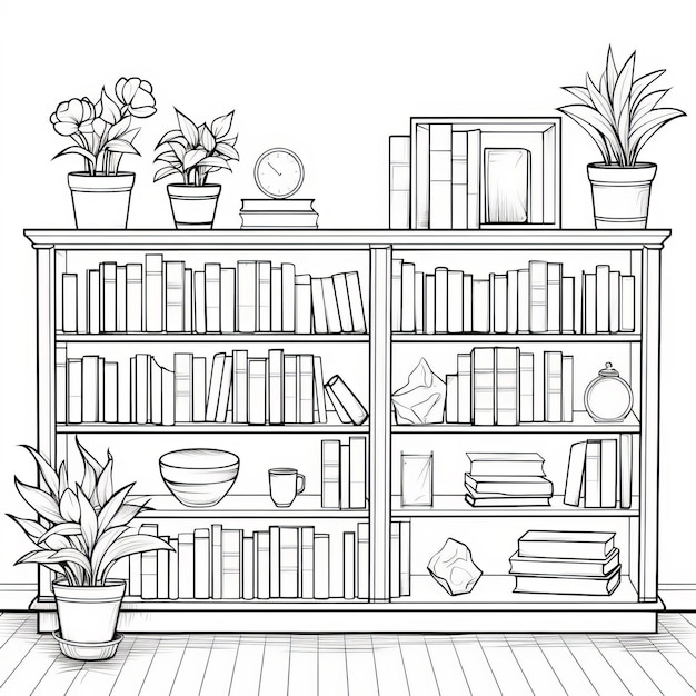 Premium ai image realistic bookshelf coloring page with books and plants