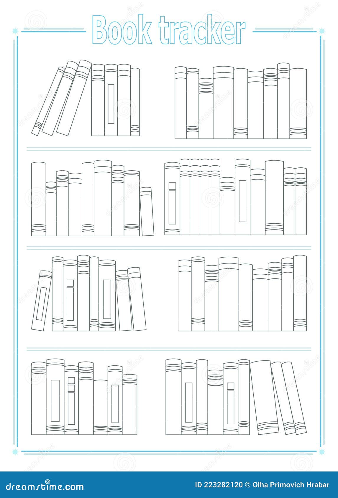 Printable book tracker many books on a bookshelf vector illustration stock vector
