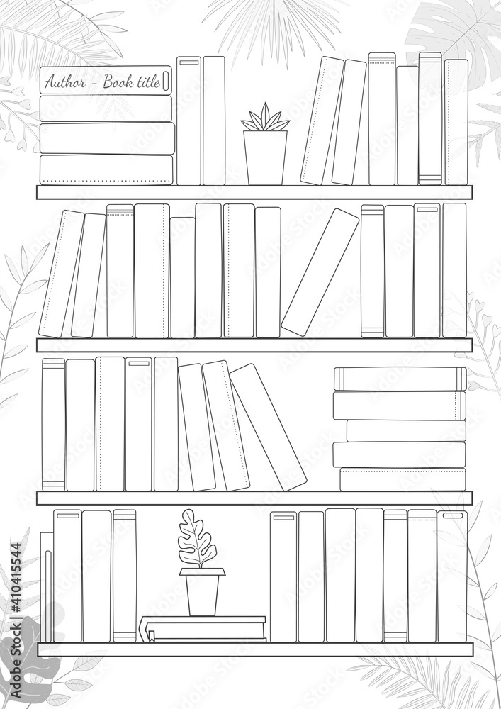 Vektorovã grafika âprintable a paper sheet with bookshelves and books on background with tropical leaves minimalist planner of reading for journal page habit tracker daily planner template blank for notebookâ ze sluåby