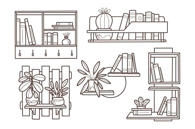 Bookshelf coloring pages vectors illustrations for free download