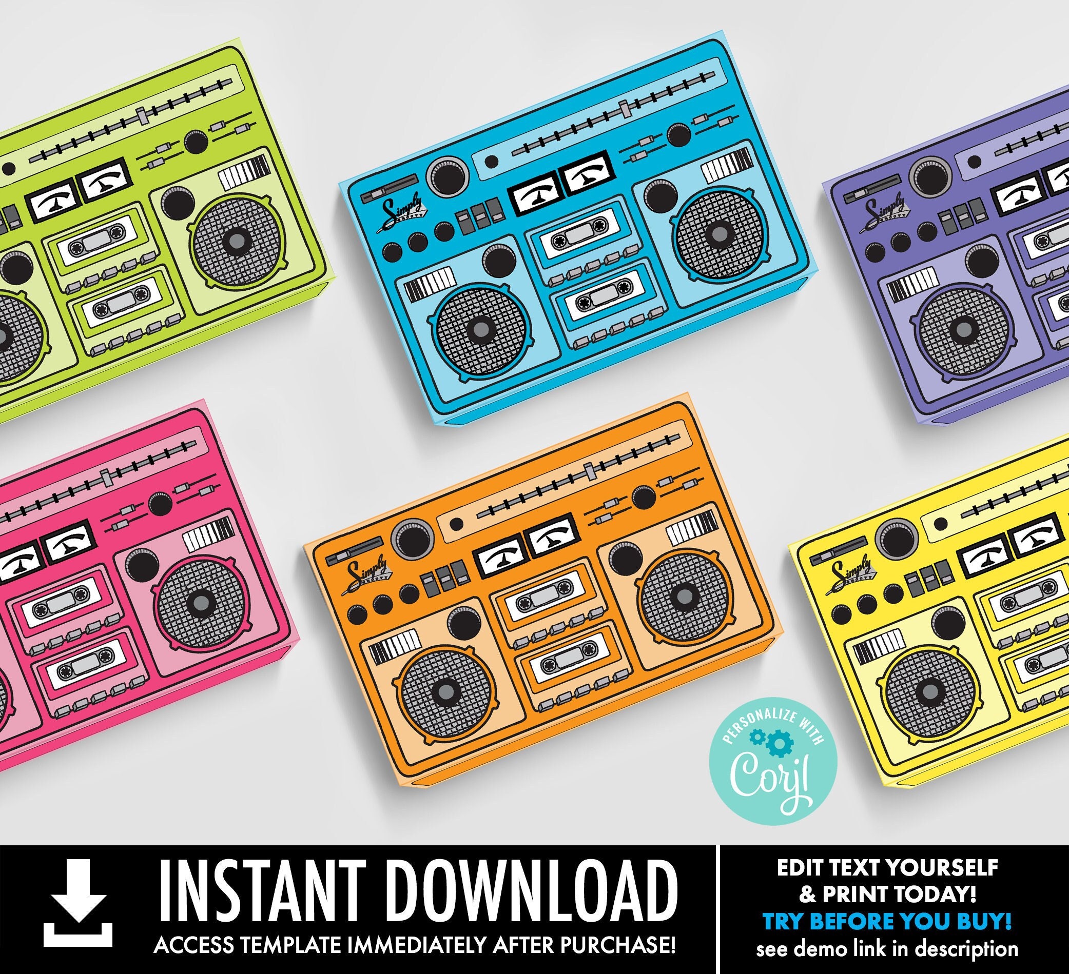 Boom box favor box retro mini boombox editable text s party s party gift card access template using corjl instant download