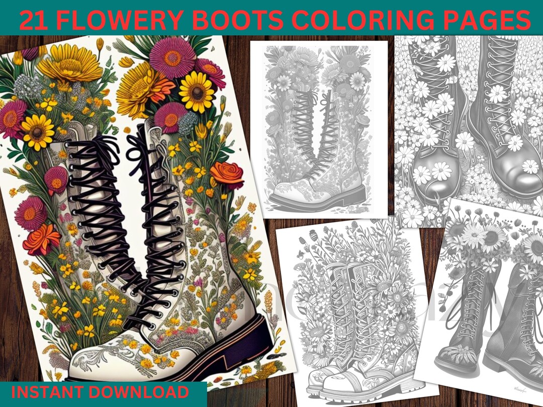 Chunky flowery boots coloring pagesflower boots grayscale coloring book pagesnature colouring sheetsadult printable pdf download