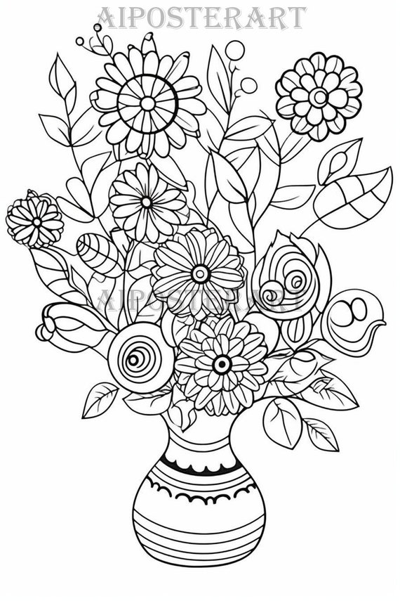 Vase of flowers coloring page for kids and adults printable flowers coloring sheet advanced coloring high resolution x pixels