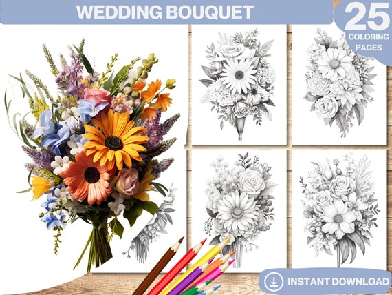 Wedding bouquet coloring book flower coloring page for kids printable grayscale coloring book for adults instant download pdf file