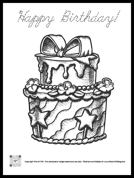 Free printable birthday cake coloring page with bow cursive font â the art kit