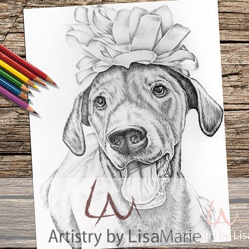Dog with bow coloring book page â artistry by lisa marie