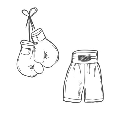 Doodle boxing gloves and shorts sketch black and white line illustration vector