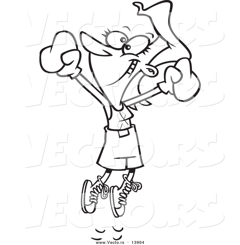R of a cartoon breast cancer survivor jumping with boxing gloves