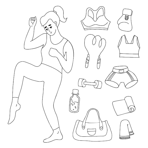 Premium vector outline doodles female sports woman boxer sports equipment and kettlebell sportswear boxing gloves