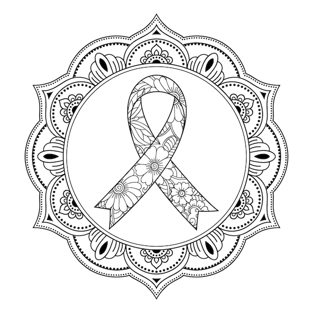 Premium vector breast cancer awareness month circular floral pattern with a ribbon symbol in mehndi style