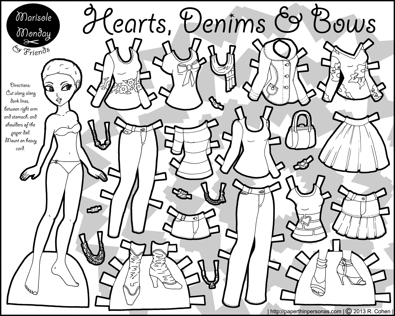 Hearts denims bows a natural hair paper doll