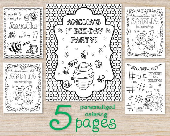 Personalized bumble bee birthday party coloring pages honey bee decorations printable digital favors for kids