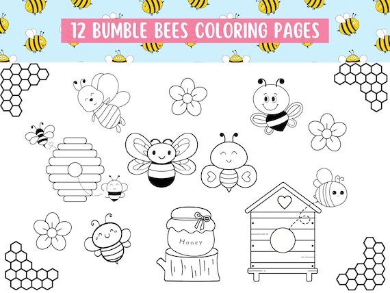 Bumble bees coloring pages spring color sheets cute printables kids coloring sheets easy color pages instant download
