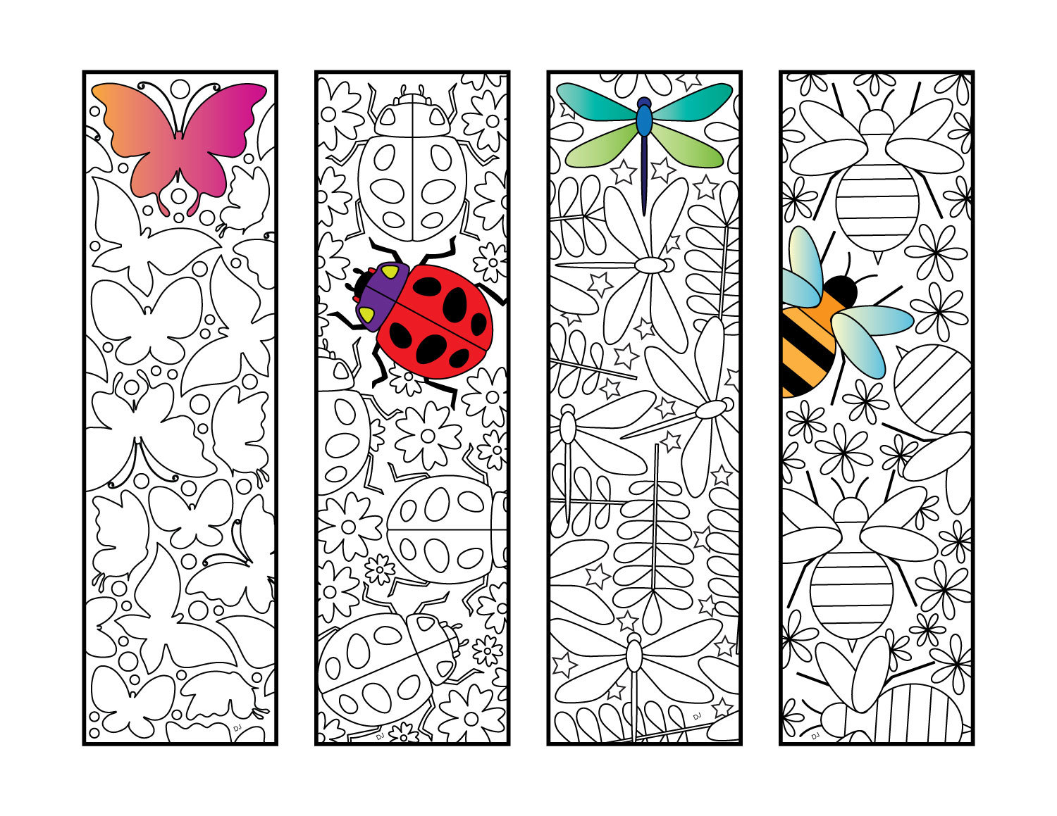 Insect bookmarks pdf coloring page butterfly ladybug dragonfly bee instant download