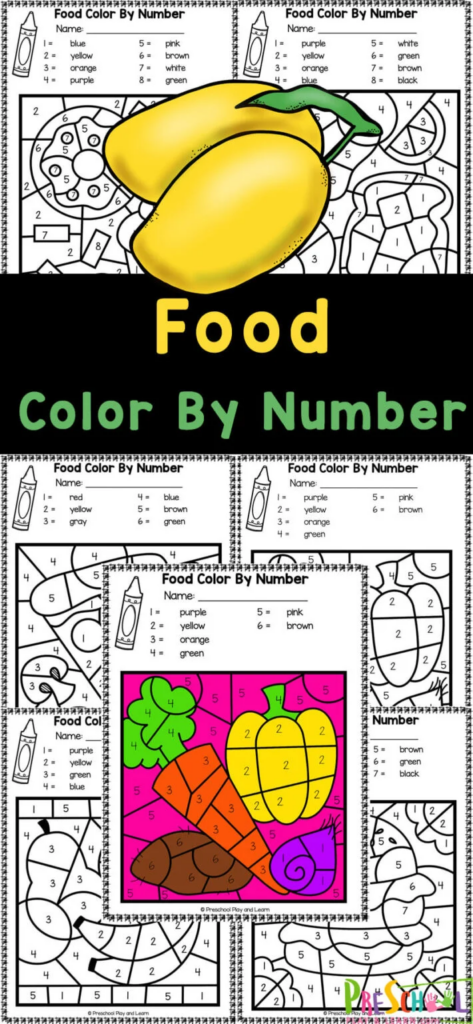 Free printable food color by number worksheets