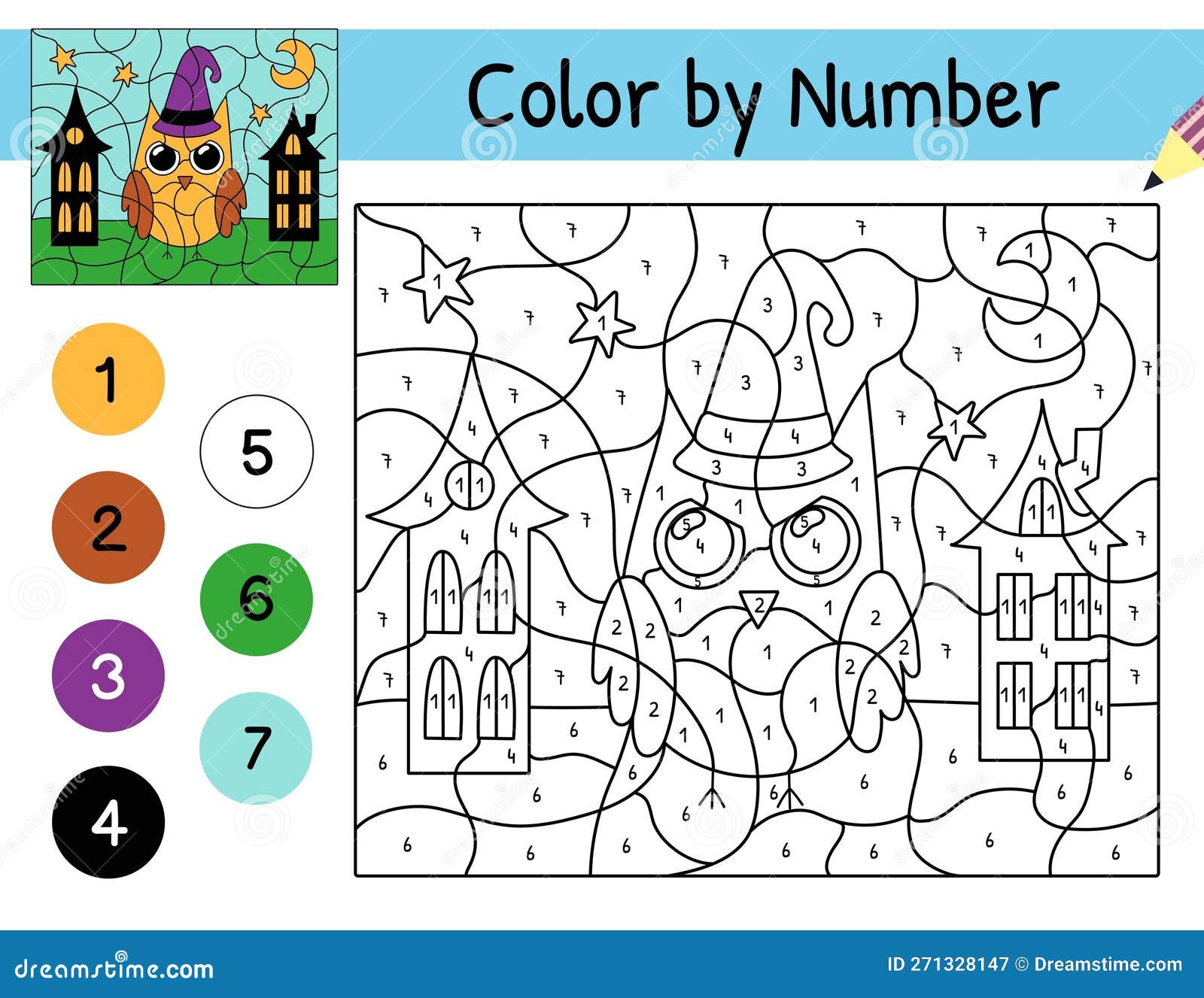 Halloween color by number game with owl in a hat spooky character coloring page stock vector
