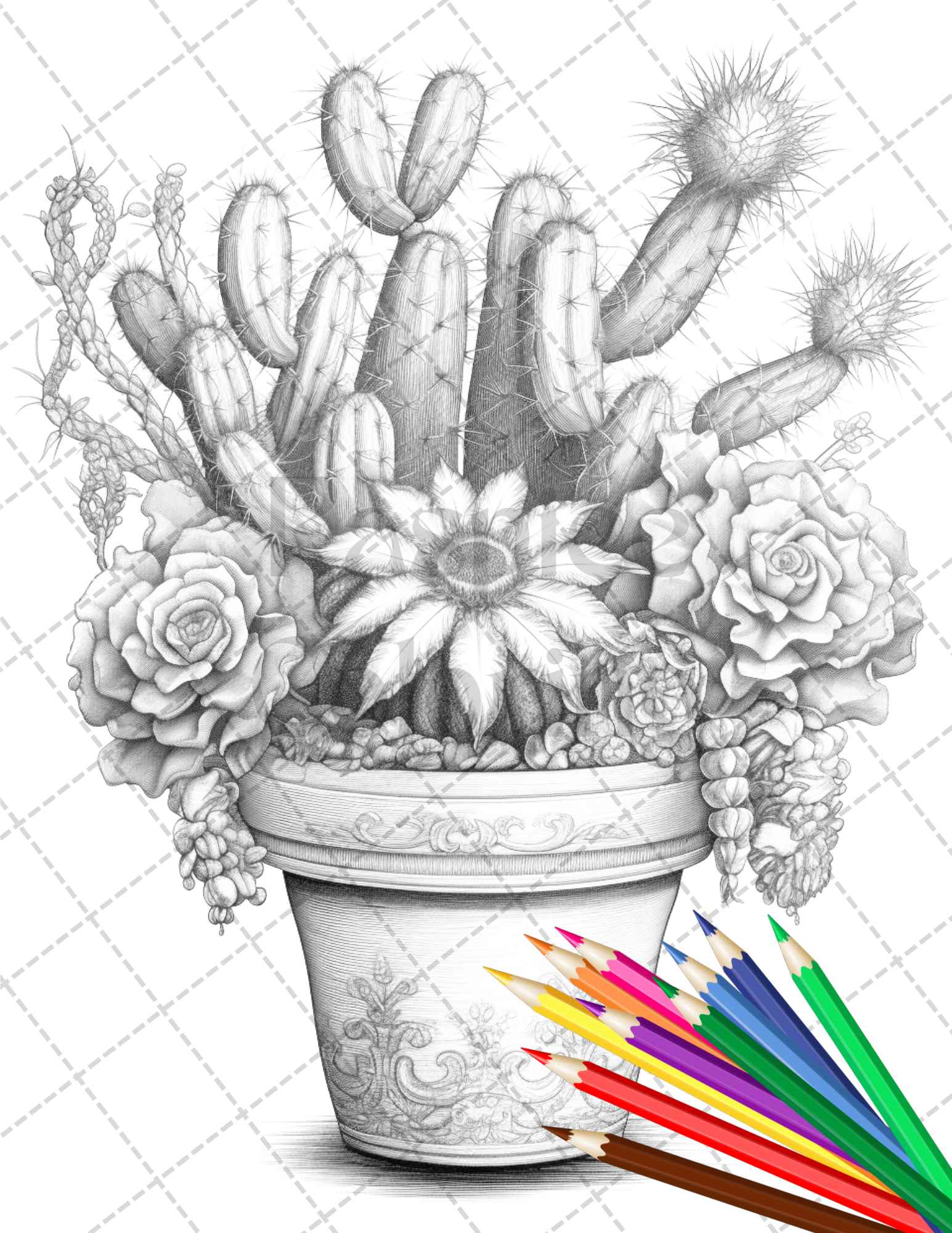 Charming cactus pots grayscale coloring pages printable for adults â coloring