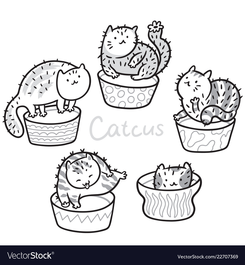 Cactus cats outline hand drawing coloring print vector image