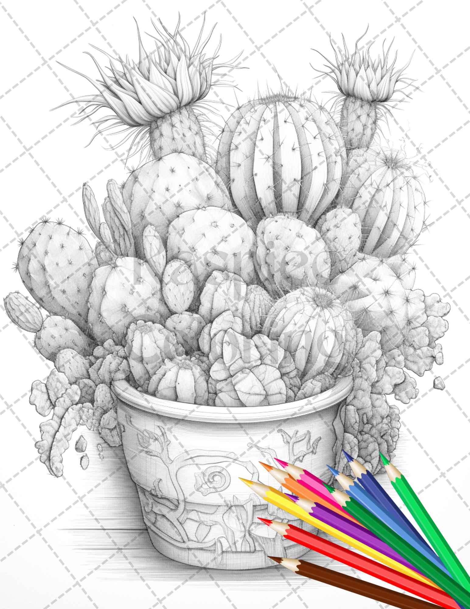 Charming cactus pots grayscale coloring pages printable for adults â coloring