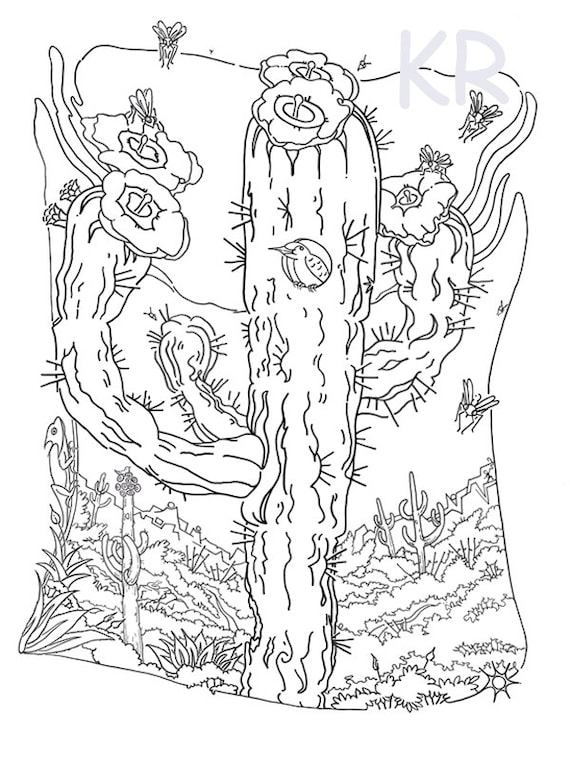 Printable coloring page adult coloring page big cactus mindful stressless instant digital download art therapy printable art
