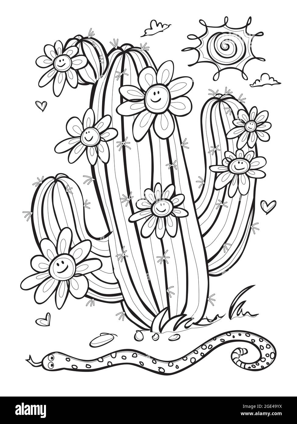 Vector black and white outlines cute cartoon cactus illustration with happy daisy flowers and snake great colouring activity for kids stock vector image art