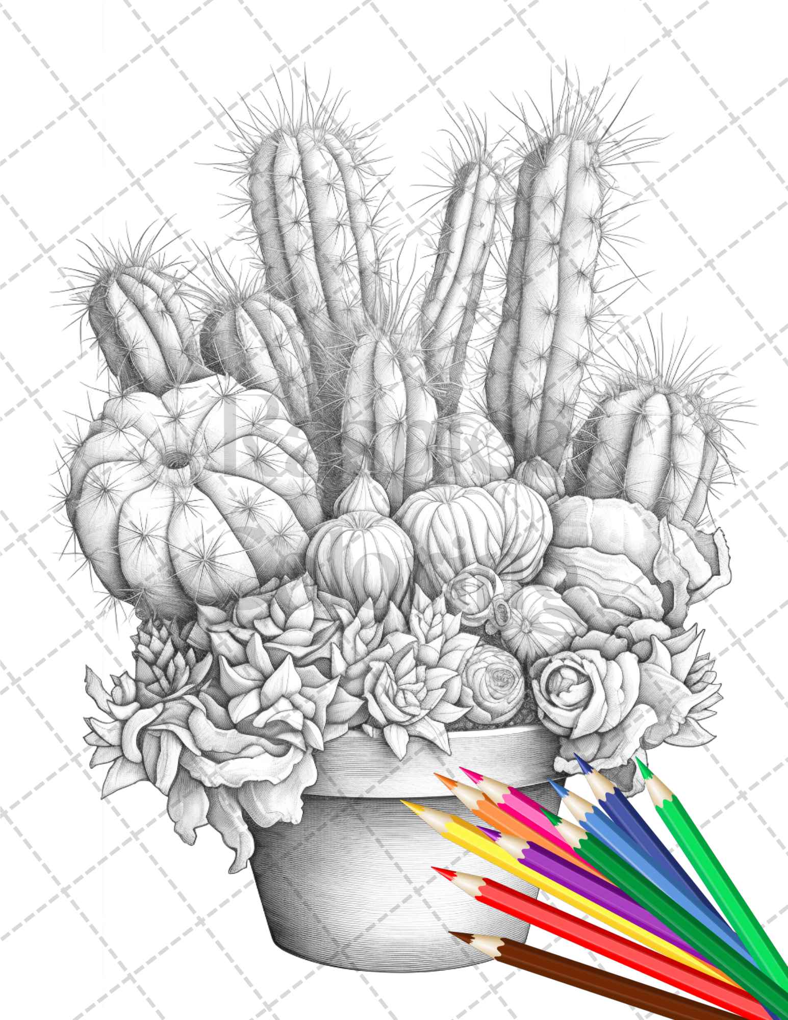 Charming cactus pots grayscale coloring pages printable for adults â coloring