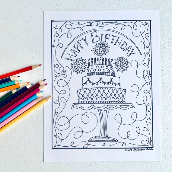 Happy birthday cake coloring page printable coloring page downloadable pdf gift coloring page