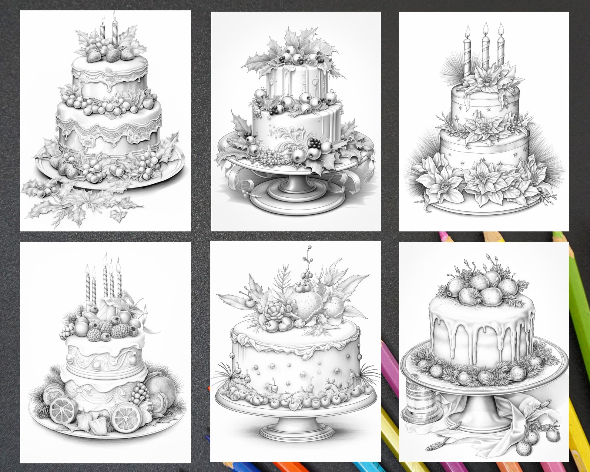 Christmas cakes grayscale coloring pages for adults printable pdf â coloring