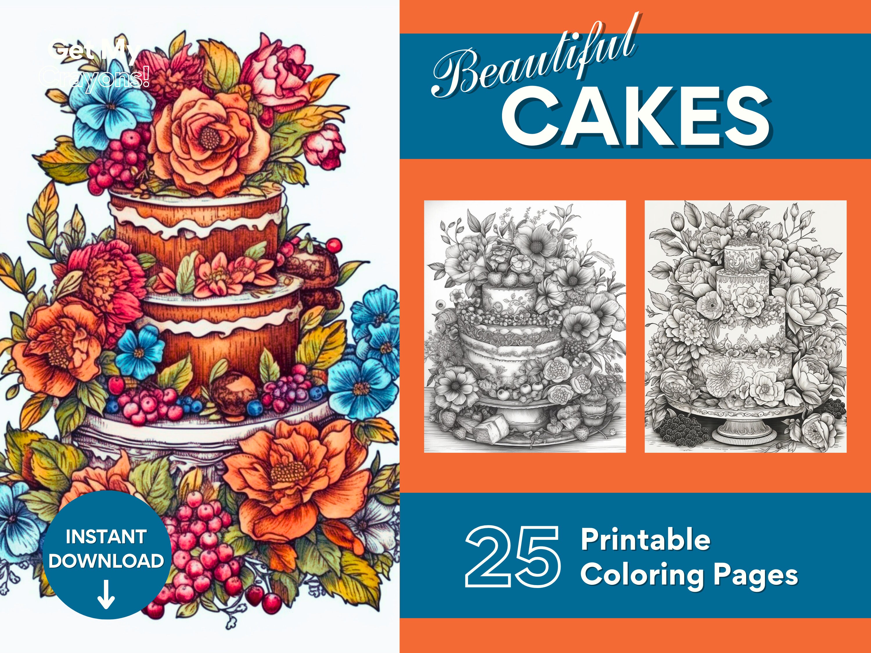 Cake coloring pages for coloring lover adults greyscale pages to color printable pdf png instant download to relax