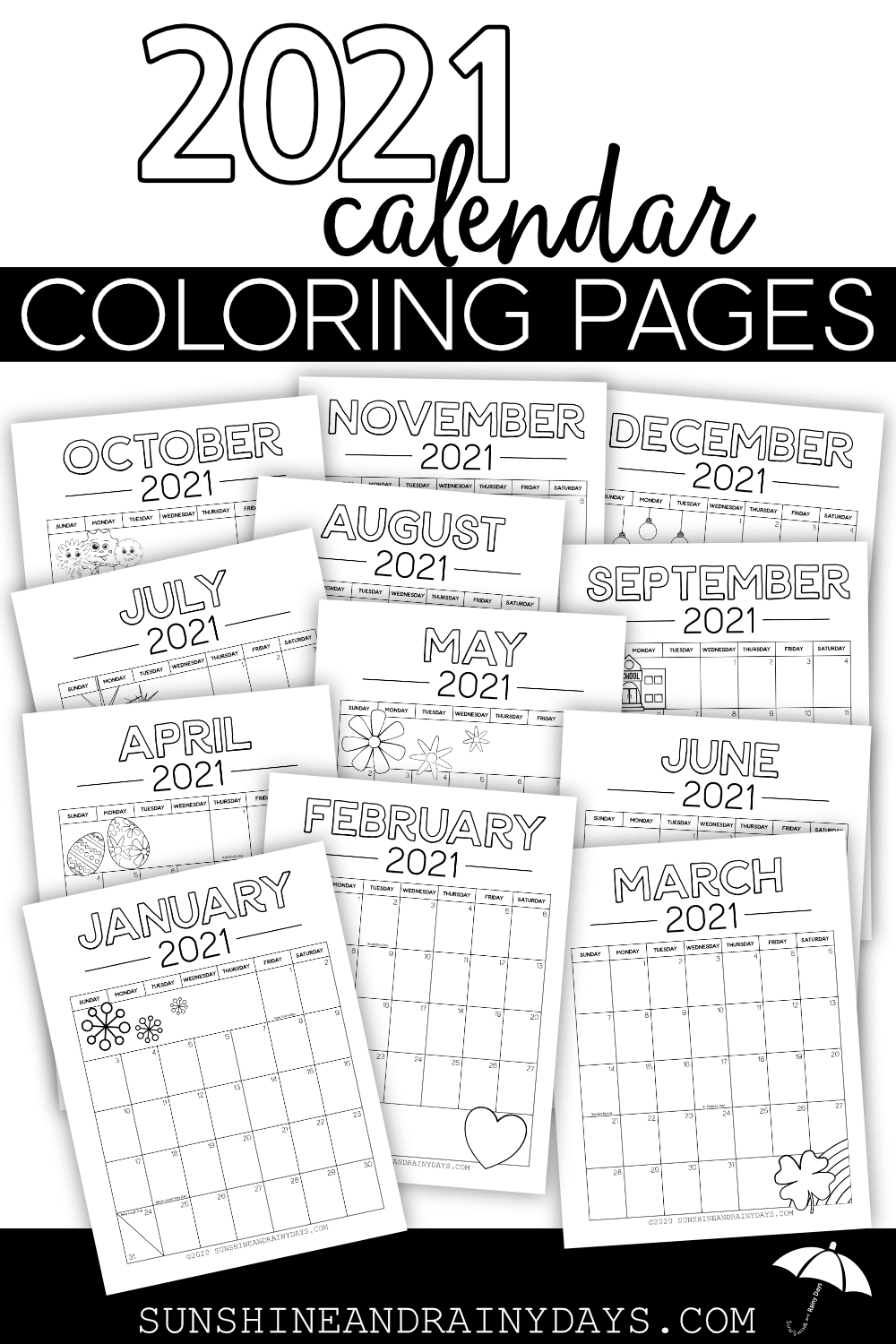 Calendar coloring pages pdf â sunshine and rainy days