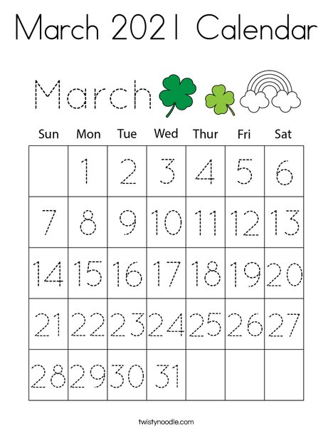 March calendar coloring page