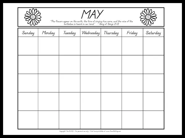 Free may calendar printable coloring page with bible verse and flowers â the art kit